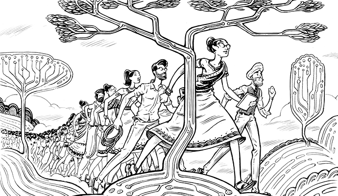 A black-and-white illustration of a line of people walking purposefully over hills with trees on them. The trees appear to have circuitry in their trunks, branches, and roots. A black-and-white illustration of a line of people walking purposefully over hills with trees on them. The trees appear to have circuitry in their trunks, branches, and roots.