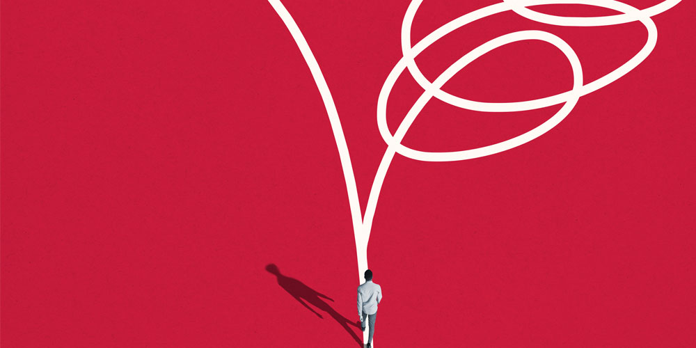 Illustration of a man choosing between a straight path and tangled path Illustration of a man choosing between a straight path and tangled path