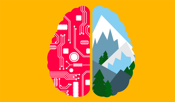 An illustration of a brain shows two halves. On the left side, circuitry is used to represent technology. On the right, mountains and trees evoke the natural world.