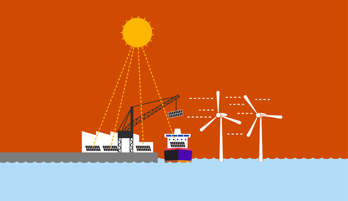 A stylized illustration shows sustainable energy sources, including solar and wind, powering a shipping dock