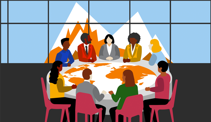 An illustration of a diverse group of professionals collaborating around a world map table, with a mountainous backdrop symbolizing global teamwork and strategy.