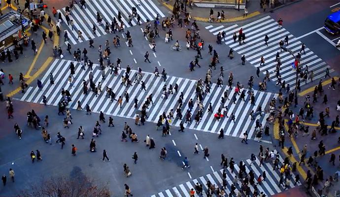 Pedestrians navigating a bustling urban crosswalk Pedestrians navigating a bustling urban crosswalk