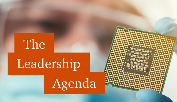 Closeup photograph of a computer chip with the words "The Leadership Agenda" superimposed