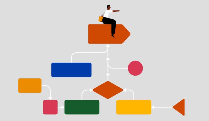 A colorful flowchart illustrating decision-making and workflow navigation, with a person sitting on a large directional arrow.